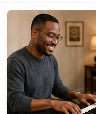 African American adult man smiling while playing an electric piano