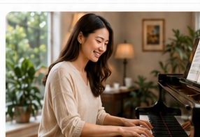 Asian adult woman enjoying a piano lesson