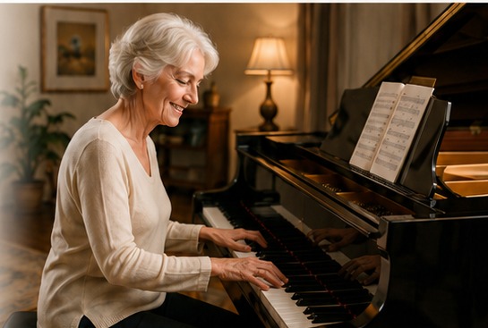 Older adult woman enjoying playing a grand piano